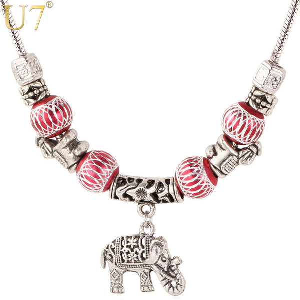 U7 Vintage Tibetan Silver Color Necklace Crystal Beads Jewelry Wholesale Charm Elephant Pendant Necklace For Women P526